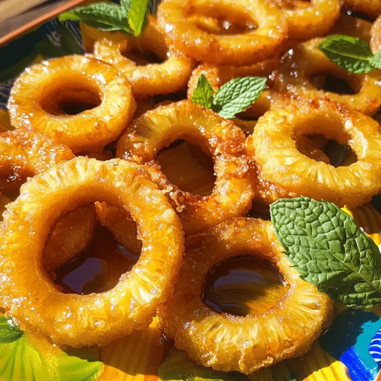 Fried pineapple rings are sweet, crispy treats. They come from fresh pineapple, which is sliced and fried until golden. This snack is a fun blend of sweet and savory. You can enjoy them on their own or with dips.