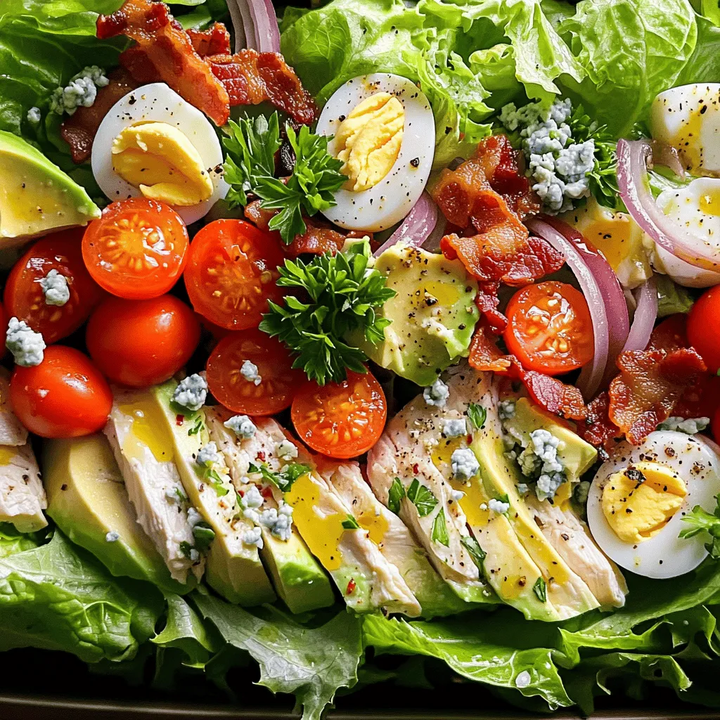 A classic Cobb Salad is a feast for the eyes and the taste buds. The main ingredients for Cobb Salad include romaine lettuce, chicken breast, crispy bacon, hard-boiled eggs, avocado, cherry tomatoes, and blue cheese. Each ingredient adds a unique taste and texture.
