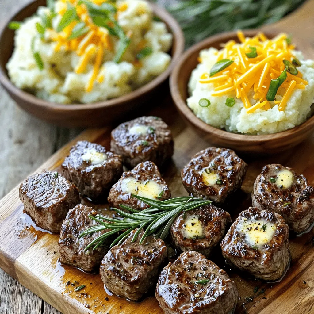 To create garlic butter steak bites and cheesy smashed potatoes, you need key ingredients.