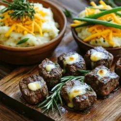 To create garlic butter steak bites and cheesy smashed potatoes, you need key ingredients.