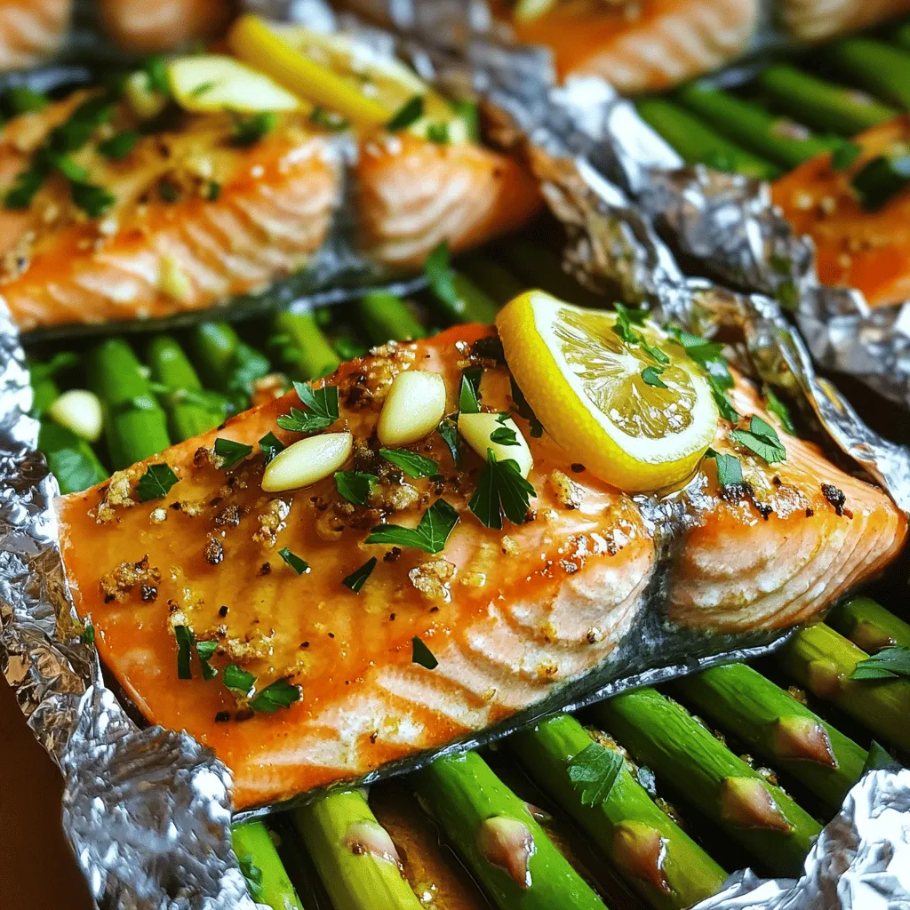 To make baked salmon in foil with asparagus, you need simple, fresh ingredients. You will need two salmon fillets, each about six ounces. A bunch of asparagus is also key, trimmed to fit. Olive oil adds flavor, while garlic gives a nice kick. You will use one lemon, sliced thinly for zest and brightness. Salt and pepper are essential for seasoning, along with dried thyme and paprika for extra flavor. Lastly, fresh parsley adds a pop of color when you serve the dish. You can find the full recipe at the end.