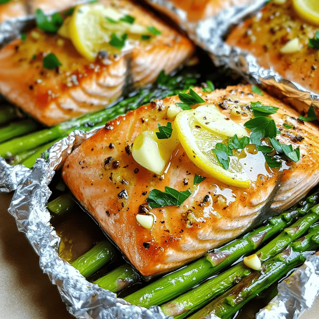 To make baked salmon in foil with asparagus, you need simple, fresh ingredients. You will need two salmon fillets, each about six ounces. A bunch of asparagus is also key, trimmed to fit. Olive oil adds flavor, while garlic gives a nice kick. You will use one lemon, sliced thinly for zest and brightness. Salt and pepper are essential for seasoning, along with dried thyme and paprika for extra flavor. Lastly, fresh parsley adds a pop of color when you serve the dish. You can find the full recipe at the end.