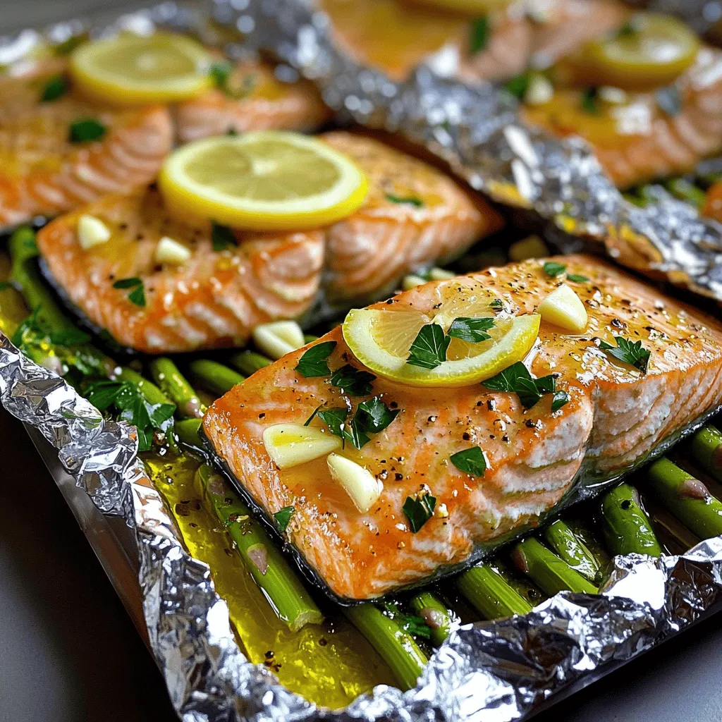 To make baked salmon in foil with asparagus, you need simple, fresh ingredients. You will need two salmon fillets, each about six ounces. A bunch of asparagus is also key, trimmed to fit. Olive oil adds flavor, while garlic gives a nice kick. You will use one lemon, sliced thinly for zest and brightness. Salt and pepper are essential for seasoning, along with dried thyme and paprika for extra flavor. Lastly, fresh parsley adds a pop of color when you serve the dish. You can find the full recipe at the end.