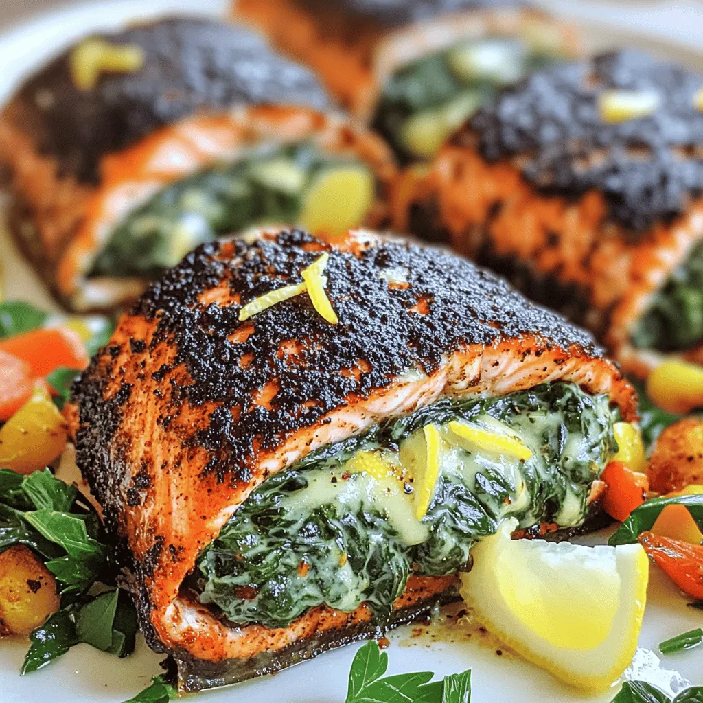 To make blackened salmon stuffed with spinach and parmesan, you need key ingredients. First, you need four salmon fillets, each about six ounces. The salmon serves as the perfect canvas for this dish. Next, gather two cups of fresh spinach, chopped finely. Spinach adds a fresh taste and bright color to your meal. You will also need half a cup of grated parmesan cheese, which melts beautifully and gives a rich flavor.