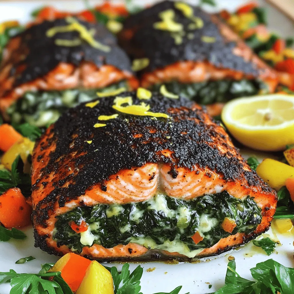 To make blackened salmon stuffed with spinach and parmesan, you need key ingredients. First, you need four salmon fillets, each about six ounces. The salmon serves as the perfect canvas for this dish. Next, gather two cups of fresh spinach, chopped finely. Spinach adds a fresh taste and bright color to your meal. You will also need half a cup of grated parmesan cheese, which melts beautifully and gives a rich flavor.