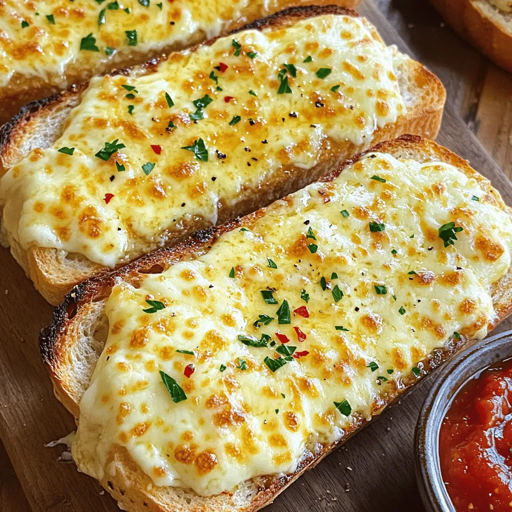 Cheesy garlic bread melts are a tasty snack or side dish. They feature thick slices of bread topped with a rich garlic butter. This blend is then covered with gooey, melty cheese. The result is a warm, crunchy delight that everyone loves.