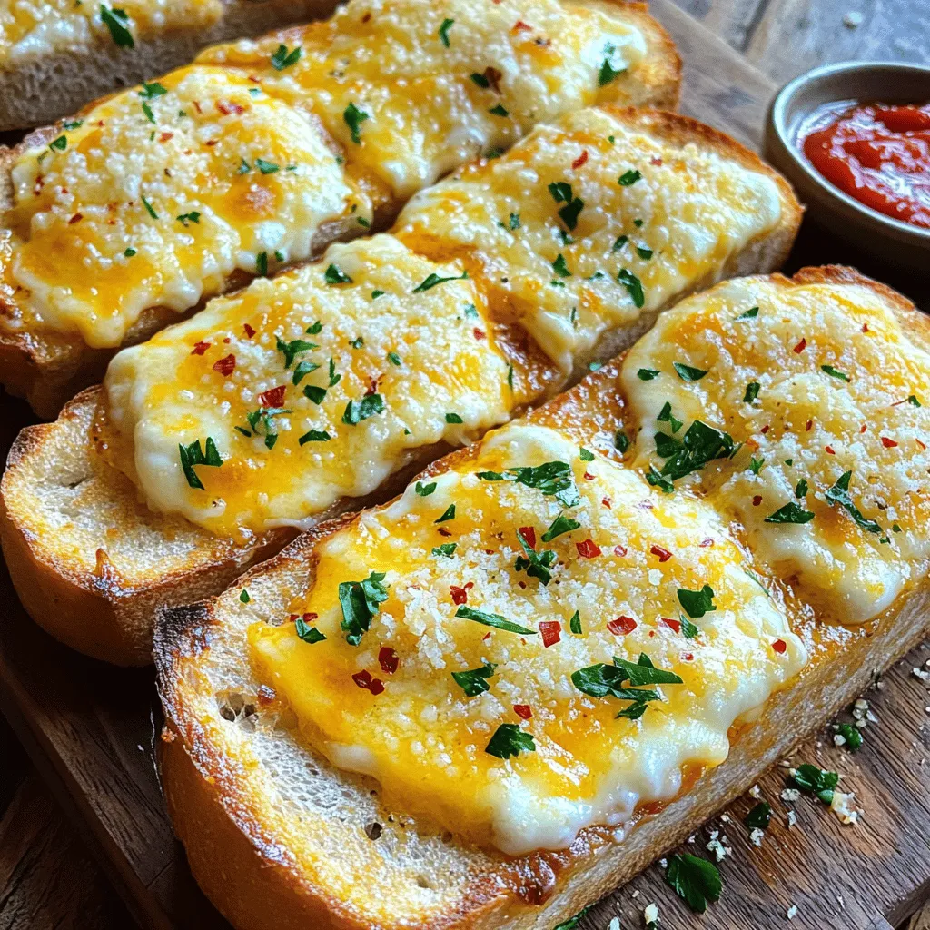 Cheesy garlic bread melts are a tasty snack or side dish. They feature thick slices of bread topped with a rich garlic butter. This blend is then covered with gooey, melty cheese. The result is a warm, crunchy delight that everyone loves.