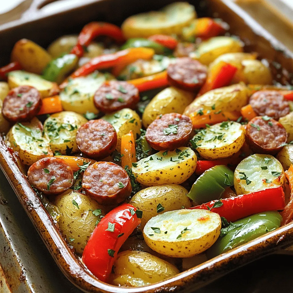 To make the best smoked sausage and potatoes, you need fresh and tasty ingredients. Start with <strong>4 smoked sausages</strong>. You can use chicken, pork, or beef sausages. Slice them into bite-sized pieces for even cooking. Next, grab <strong>1.5 pounds of baby potatoes</strong>. Halve these potatoes to help them cook faster.” /></p>
</p>
<h2>What is the Step-by-Step Cooking Process for the Recipe?</h2>
</p>
<p>To make the best smoked sausage and potatoes, start by gathering your ingredients. You need smoked sausages, baby potatoes, bell peppers, onion, garlic, olive oil, and spices.</p>
</p>
<h3>What Oven Temperature Should You Use?</h3>
</p>
<p>Preheat your oven to <strong>400°F (200°C)</strong>. This hot temperature helps the potatoes crisp up nicely.</p>
</p>
<h3>How Long Should the Dish Bake?</h3>
</p>
<p>Bake the dish for <strong>35-40 minutes</strong>. Check that the potatoes are tender and golden brown. Stir halfway through to ensure even cooking.</p>
</p>
<h3>What Are the Key Steps to Ensure Even Cooking?</h3>
</p>
<p>First, slice your sausages and halve the potatoes. This size helps them cook well. Mix all the ingredients in a bowl. Coat them evenly with the spice mix. Spread everything out in a single layer in your baking dish. This step is crucial for even cooking.</p>
</p>
<p>For a full recipe with detailed steps, check the [Full Recipe]. Enjoy the smoky flavors and tender potatoes!</p>
</p>
<h2>What Serving Suggestions Complement This Dish?</h2>
</p>
<p>When serving smoked sausage and potatoes, I love to think about sides that enhance the meal. You want dishes that complement the rich flavors while adding freshness and contrast.</p>
</p>
<h3>What Side Dishes Pair Well with Sausage and Potatoes?</h3>
</p>
<p>Some great options include steamed green beans or roasted Brussels sprouts. Both add crunch and color to your plate. A simple coleslaw can also be a hit. It adds a tangy taste that cuts through the savory sausage. If you’re looking for something heartier, cornbread pairs nicely too. It absorbs the tasty juices from the dish well.</p>
</p>
<h3>Can You Make a Salad to Accompany This Dish?</h3>
</p>
<p>Absolutely! A crisp green salad works great. Use mixed greens, cherry tomatoes, and cucumber. Toss with a light vinaigrette. This brightens the meal and adds crunch. You might also try a potato salad. It can mirror the main dish, but with a creamy twist. Just keep it simple with herbs and mustard for flavor.</p>
</p>
<h3>What Drinks Pair Well with Smoked Sausage Meals?</h3>
</p>
<p>For drinks, I suggest a light beer or a fruity soda. They balance the smoky taste of the sausage. If you prefer wine, a chilled white like Sauvignon Blanc complements the dish. For non-alcoholic options, lemonade or iced tea works well too. These drinks help cleanse the palate and enhance your meal’s enjoyment.</p>
</p>
<p>This dish is not just filling; it’s versatile. You can mix and match sides and drinks to make it your own! Explore and enjoy every bite.</p>
</p>
<p><img decoding=