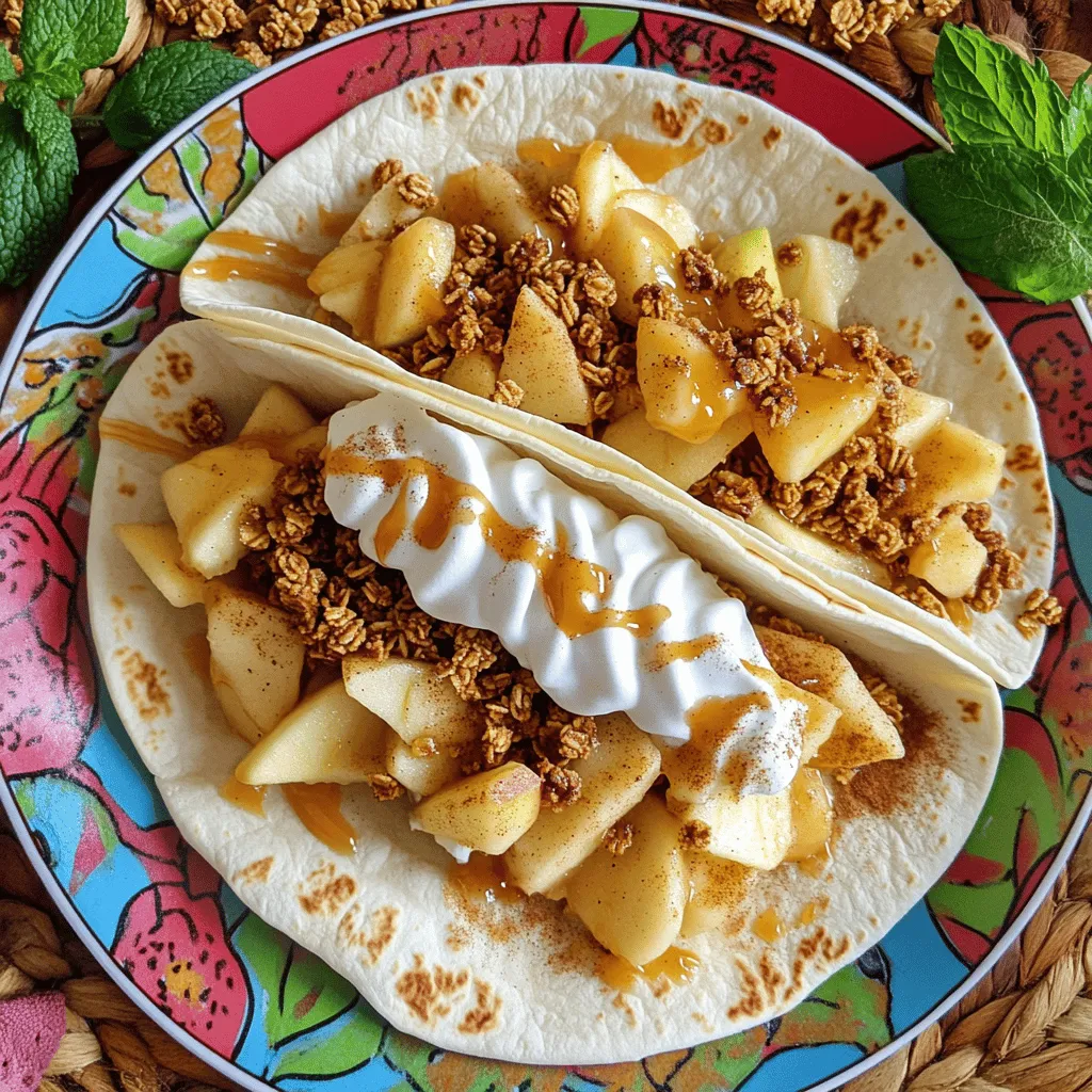 To make apple cheesecake tacos, you need simple yet tasty ingredients. The base recipe calls for two large flour tortillas. These tortillas hold all the delicious flavors inside. You will also need one cup of softened cream cheese. This creates a creamy filling that pairs well with apples. Next, add half a cup of powdered sugar for sweetness. One teaspoon of vanilla extract brings a nice flavor boost.