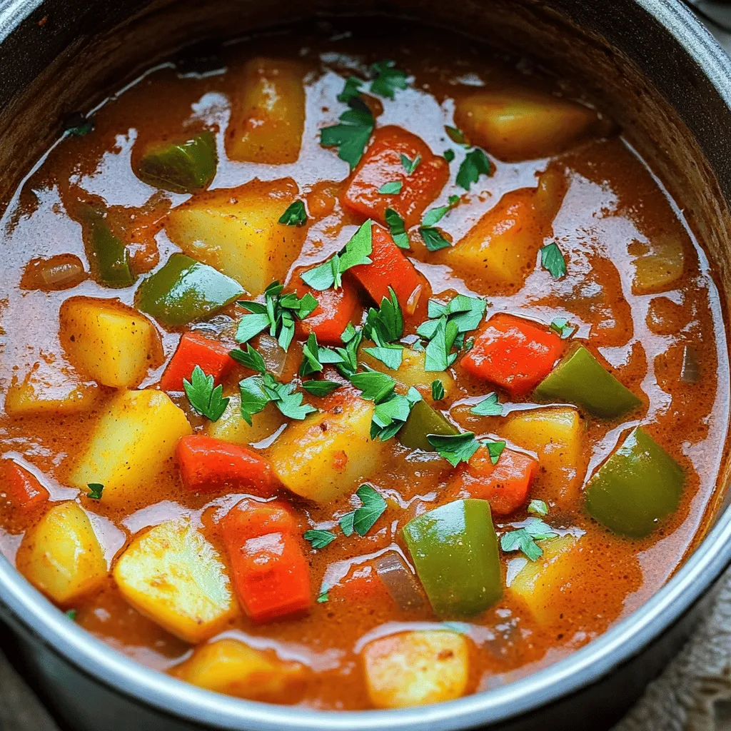 To make a great saucy Hungarian red potato goulash, you need simple, fresh ingredients. The key components include red potatoes, onion, garlic, and bell pepper. I like to use 1.5 pounds of red potatoes, which add a creamy texture. You will also need one medium onion, finely chopped, and three cloves of minced garlic. A diced bell pepper, either red or green, brings a nice crunch and sweetness.
