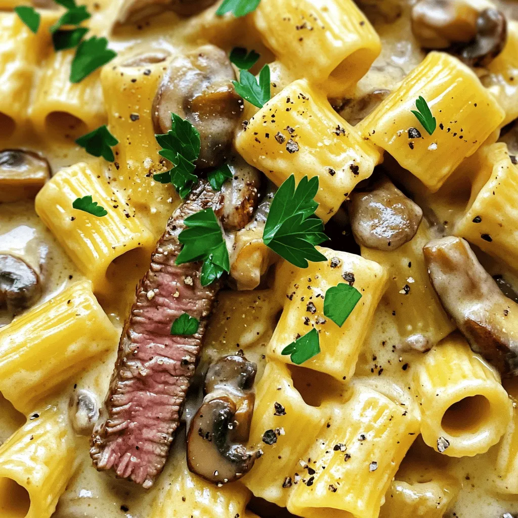 To make creamy steak and mushroom rigatoni, you need a few key ingredients. The pasta is rigatoni, which holds the sauce well. You will also need sirloin steak, cut into strips for a tender bite. Mushrooms add great flavor. You can use button or cremini mushrooms, both work well.