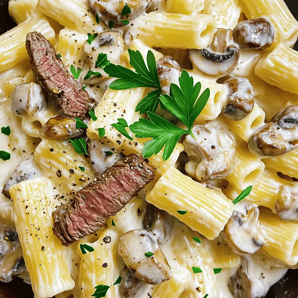 To make creamy steak and mushroom rigatoni, you need a few key ingredients. The pasta is rigatoni, which holds the sauce well. You will also need sirloin steak, cut into strips for a tender bite. Mushrooms add great flavor. You can use button or cremini mushrooms, both work well.