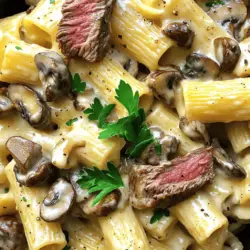 To make creamy steak and mushroom rigatoni, you need a few key ingredients. The pasta is rigatoni, which holds the sauce well. You will also need sirloin steak, cut into strips for a tender bite. Mushrooms add great flavor. You can use button or cremini mushrooms, both work well.