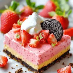 To make Golden Oreo Strawberry Cheesecake Bars, you need a few key ingredients. First, you will need 24 Golden Oreo cookies. These cookies form a delicious crust. You also need 1/4 cup of unsalted butter to help bind the crust together.