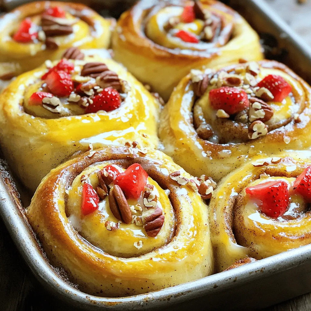 Strawberry cheesecake cinnamon rolls with pecans are a sweet treat that combines flavors and textures. They start with soft, fluffy cinnamon rolls. Inside, you find a creamy strawberry cheesecake filling. The filling has fresh strawberries and crunchy pecans, giving each bite a delightful crunch.