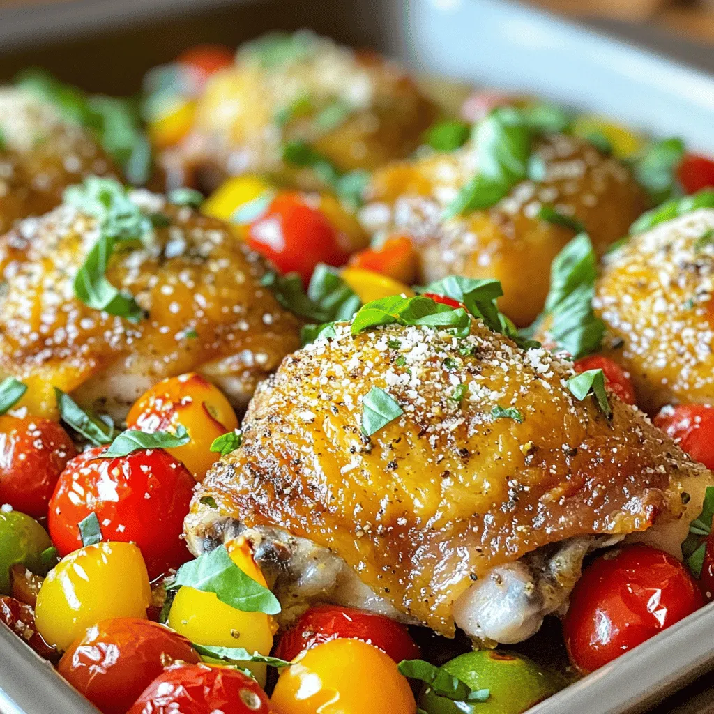 For a great Italian baked chicken, you need just a few key ingredients. Start with chicken thighs. They stay juicy and flavorful. You also need olive oil, Italian seasoning, and garlic powder. These add rich flavors to the dish. Red pepper flakes give a nice kick. Fresh basil and lemon juice brighten the meal. Cherry tomatoes and bell peppers add color and sweetness. Finally, Parmesan cheese is optional but adds a creamy finish.