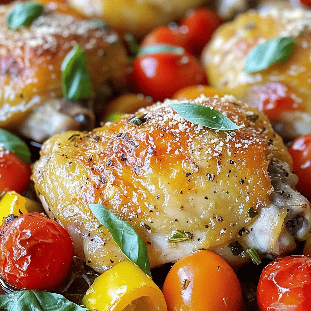 For a great Italian baked chicken, you need just a few key ingredients. Start with chicken thighs. They stay juicy and flavorful. You also need olive oil, Italian seasoning, and garlic powder. These add rich flavors to the dish. Red pepper flakes give a nice kick. Fresh basil and lemon juice brighten the meal. Cherry tomatoes and bell peppers add color and sweetness. Finally, Parmesan cheese is optional but adds a creamy finish.