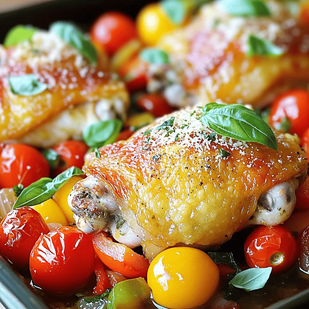 For a great Italian baked chicken, you need just a few key ingredients. Start with chicken thighs. They stay juicy and flavorful. You also need olive oil, Italian seasoning, and garlic powder. These add rich flavors to the dish. Red pepper flakes give a nice kick. Fresh basil and lemon juice brighten the meal. Cherry tomatoes and bell peppers add color and sweetness. Finally, Parmesan cheese is optional but adds a creamy finish.