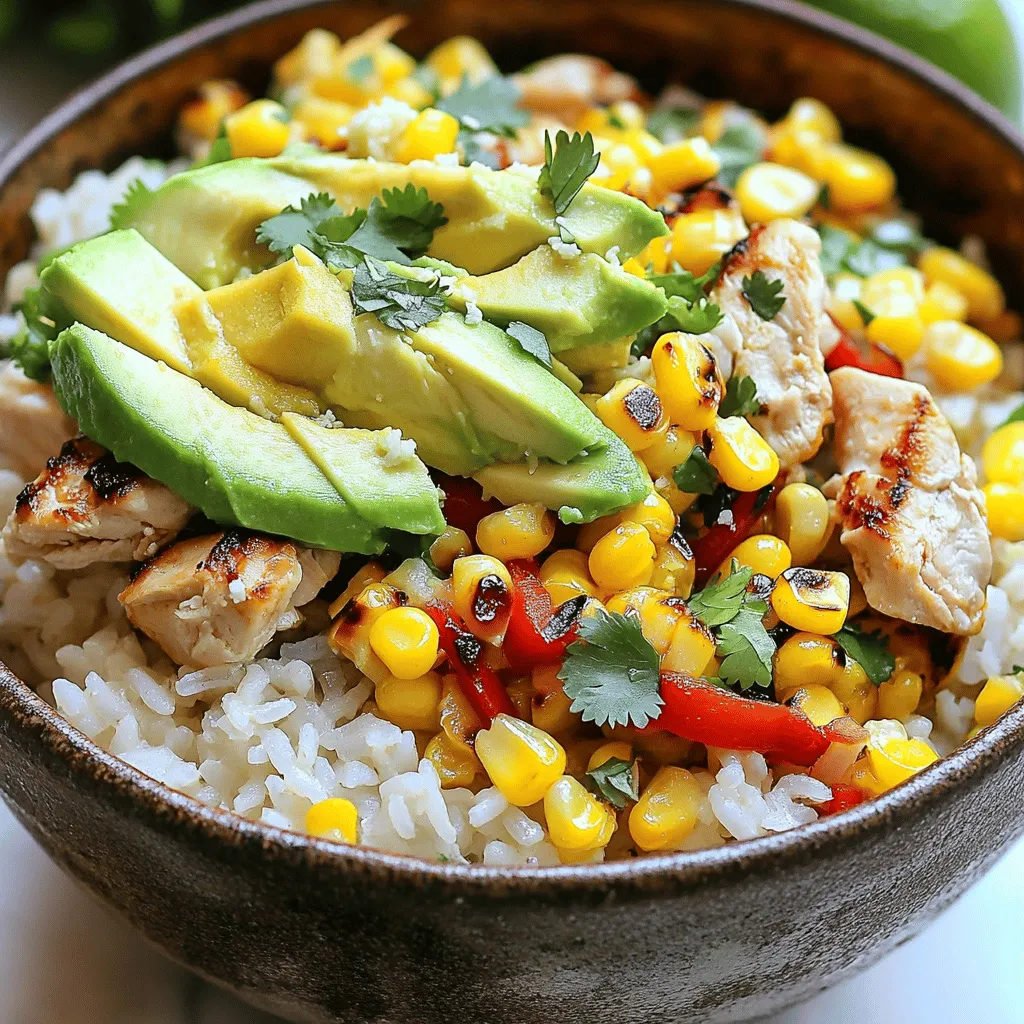 To make a great street corn chicken rice bowl, you need key ingredients. First, jasmine rice forms the base. I like to use 1 ½ cups of cooked jasmine rice. It is light and fluffy, which pairs well with the other flavors.