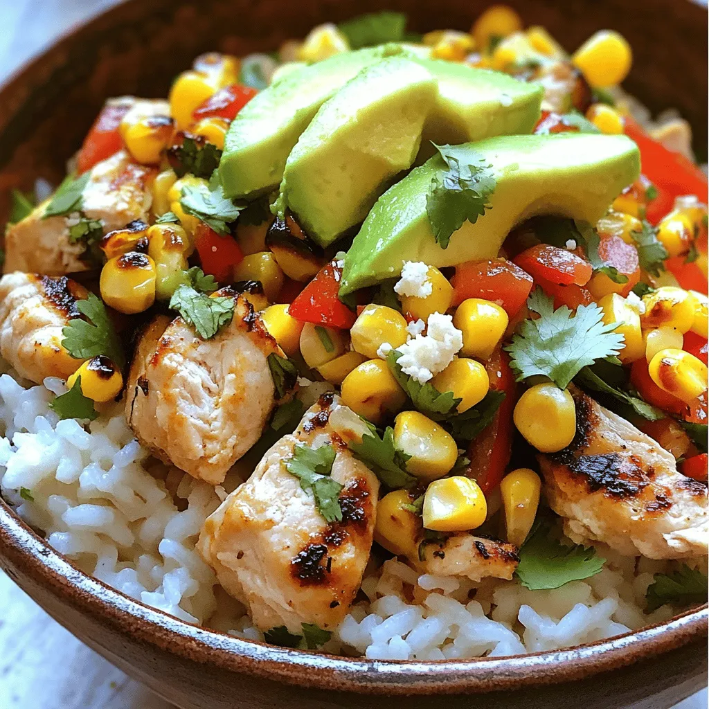 To make a great street corn chicken rice bowl, you need key ingredients. First, jasmine rice forms the base. I like to use 1 ½ cups of cooked jasmine rice. It is light and fluffy, which pairs well with the other flavors.