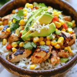 To make a great street corn chicken rice bowl, you need key ingredients. First, jasmine rice forms the base. I like to use 1 ½ cups of cooked jasmine rice. It is light and fluffy, which pairs well with the other flavors.