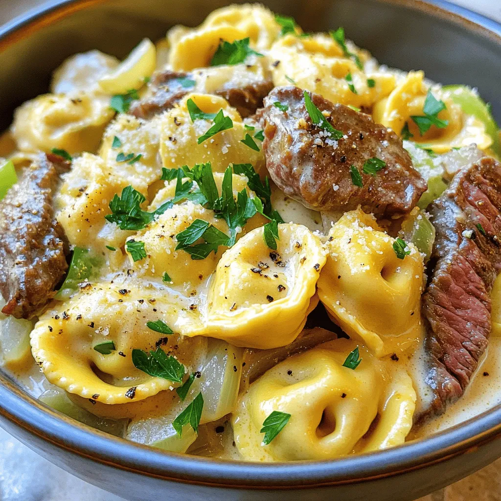 To make a savory cheesesteak tortellini recipe, you'll need a few key ingredients. First, grab 12 oz of cheese tortellini. This is the heart of the dish. Next, you'll need 1 lb of ribeye or flank steak, thinly sliced. This meat adds rich flavor.