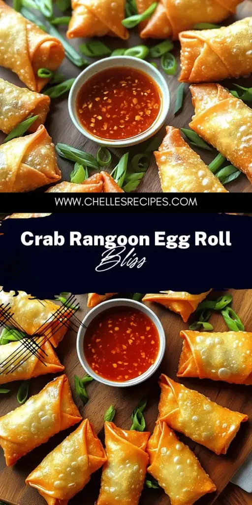 Elevate your next gathering with delicious Crab Rangoon Egg Rolls, the ultimate party pleaser! These crispy treats pack creamy crab and healthy flavor into a fun bite-sized package, perfect for sharing. Discover easy recipes and unique dipping sauce ideas that will impress your guests. Ready to create a flavorful twist on a classic? Click through to explore the full recipe and make your next event unforgettable with these mouthwatering snacks!