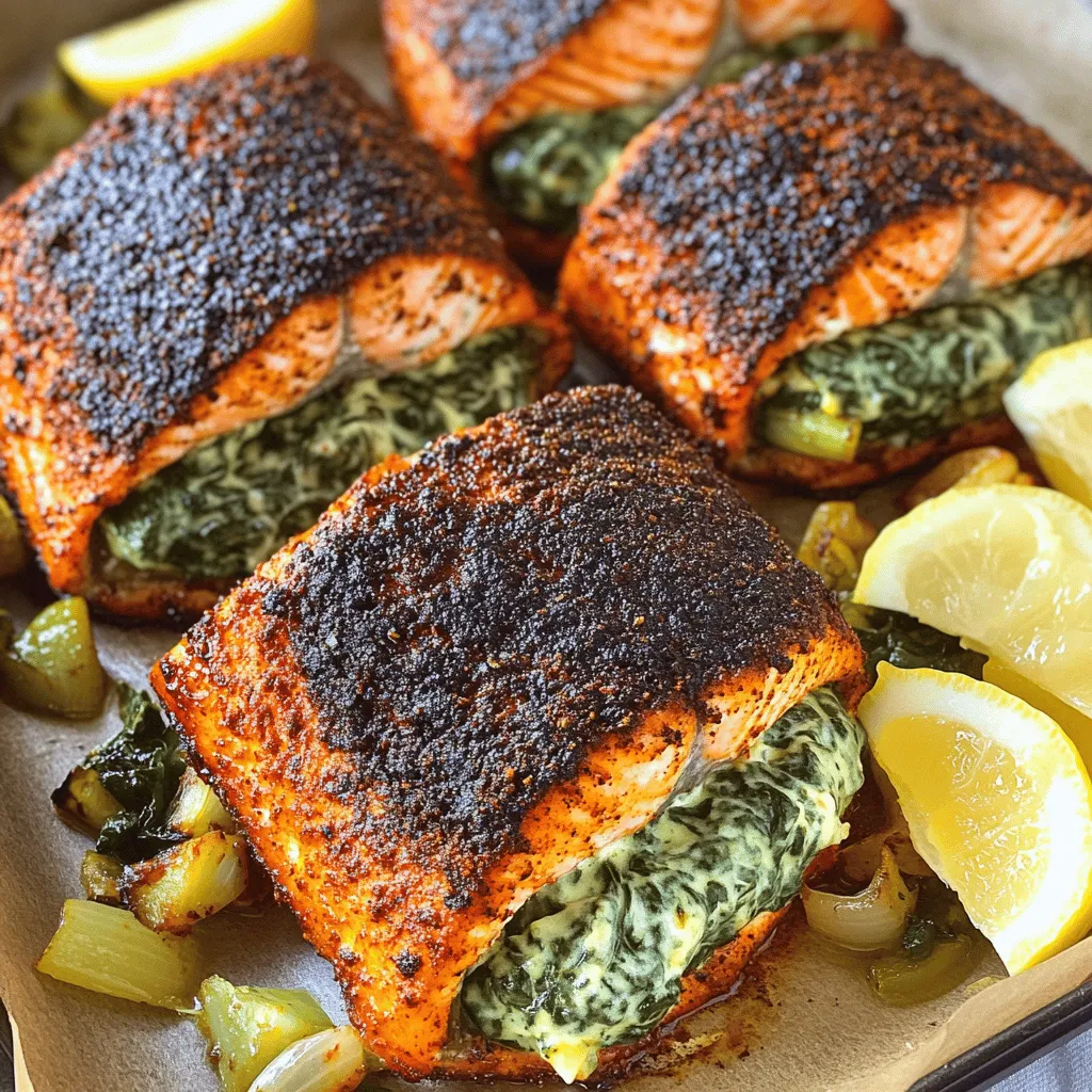 For this blackened salmon recipe, you will need four main ingredients. First, gather four salmon fillets, each about six ounces. Next, you will need two cups of fresh spinach, chopped finely. Cream cheese is the third ingredient, with one cup needed for a rich, creamy texture. Lastly, you will need half a cup of grated Parmesan cheese to add a savory flavor.