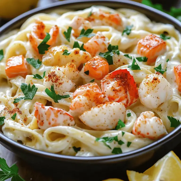 For a great Cajun lobster, crab, and salmon Alfredo, you need fresh seafood. The main ingredients are lobster, crab, and salmon. Use one pound of each. These seafood choices bring rich flavors to your dish. Fresh lobster tail is best, but frozen works too. For crab, you can use fresh or canned. Make sure it is drained well. Salmon fillet is easy to cube and cooks quickly.