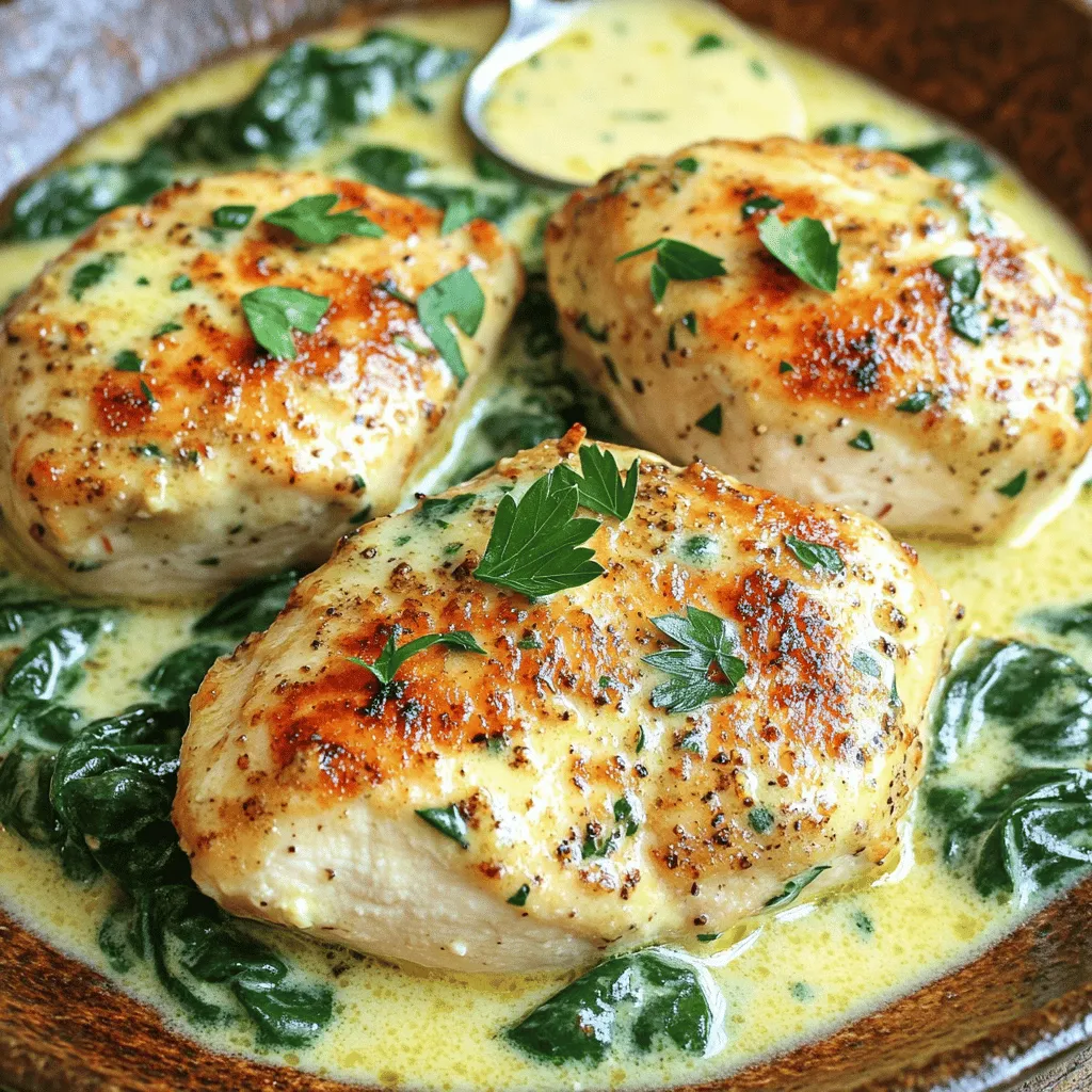 The creamy garlic chicken recipe shines with a few simple ingredients. You need four boneless, skinless chicken breasts. They are easy to cook and very tender. Olive oil adds a nice flavor and helps brown the chicken.