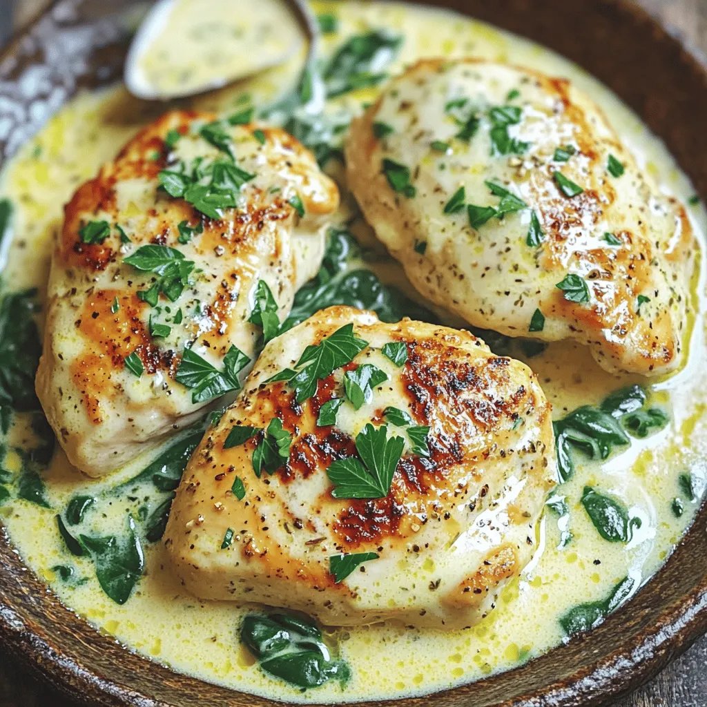 The creamy garlic chicken recipe shines with a few simple ingredients. You need four boneless, skinless chicken breasts. They are easy to cook and very tender. Olive oil adds a nice flavor and helps brown the chicken.