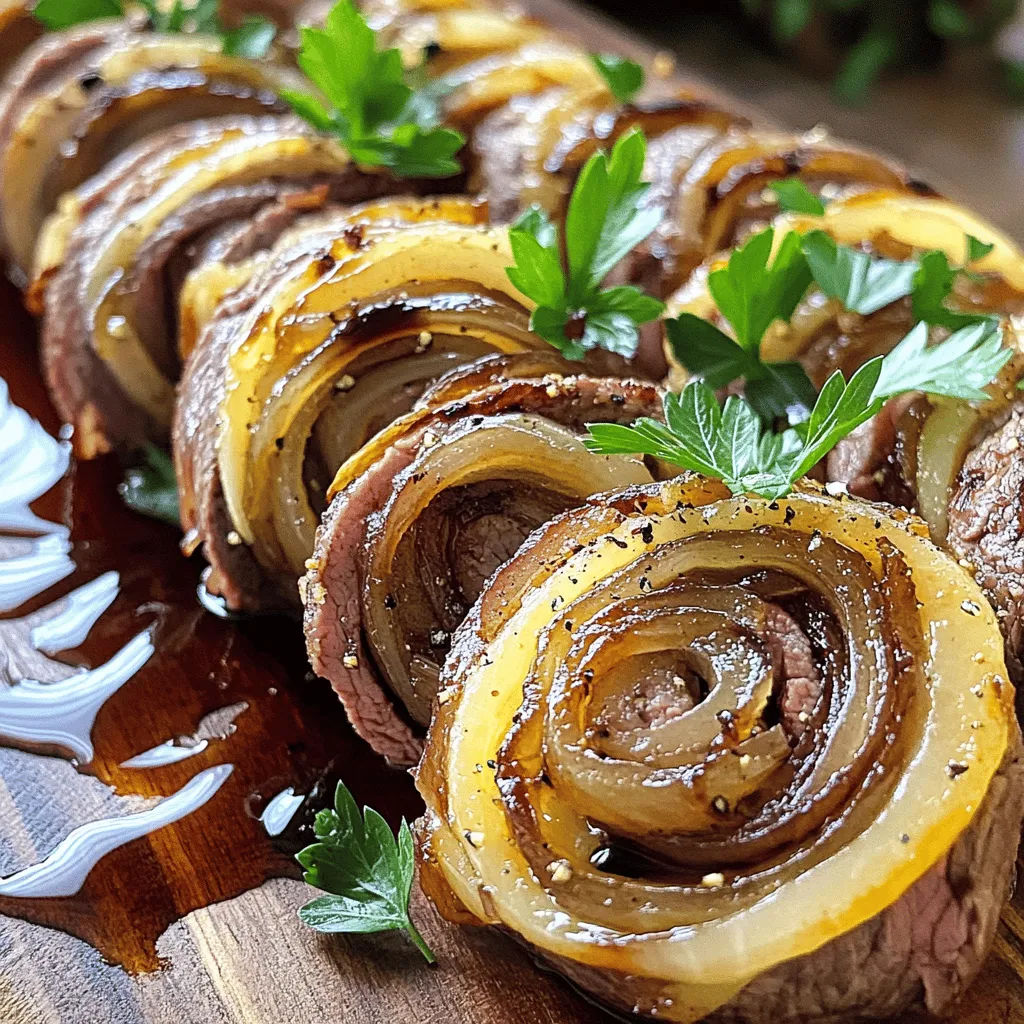 French Onion Steak Pinwheels are a fun dish where beef meets rich onion flavors. They consist of flank steak rolled with sweet, caramelized onions and creamy Gruyère cheese. This dish is easy to make and looks fancy, perfect for any dinner.