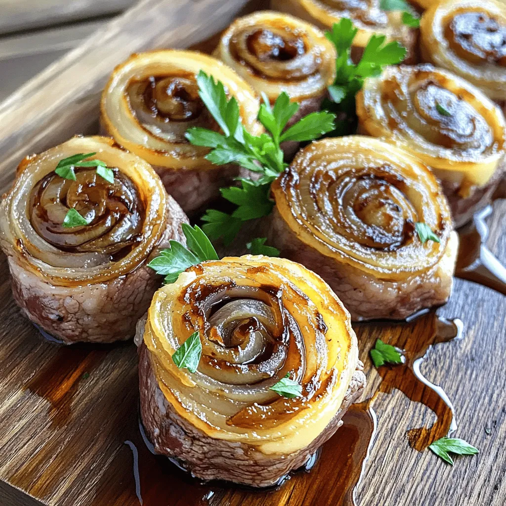 French Onion Steak Pinwheels are a fun dish where beef meets rich onion flavors. They consist of flank steak rolled with sweet, caramelized onions and creamy Gruyère cheese. This dish is easy to make and looks fancy, perfect for any dinner.