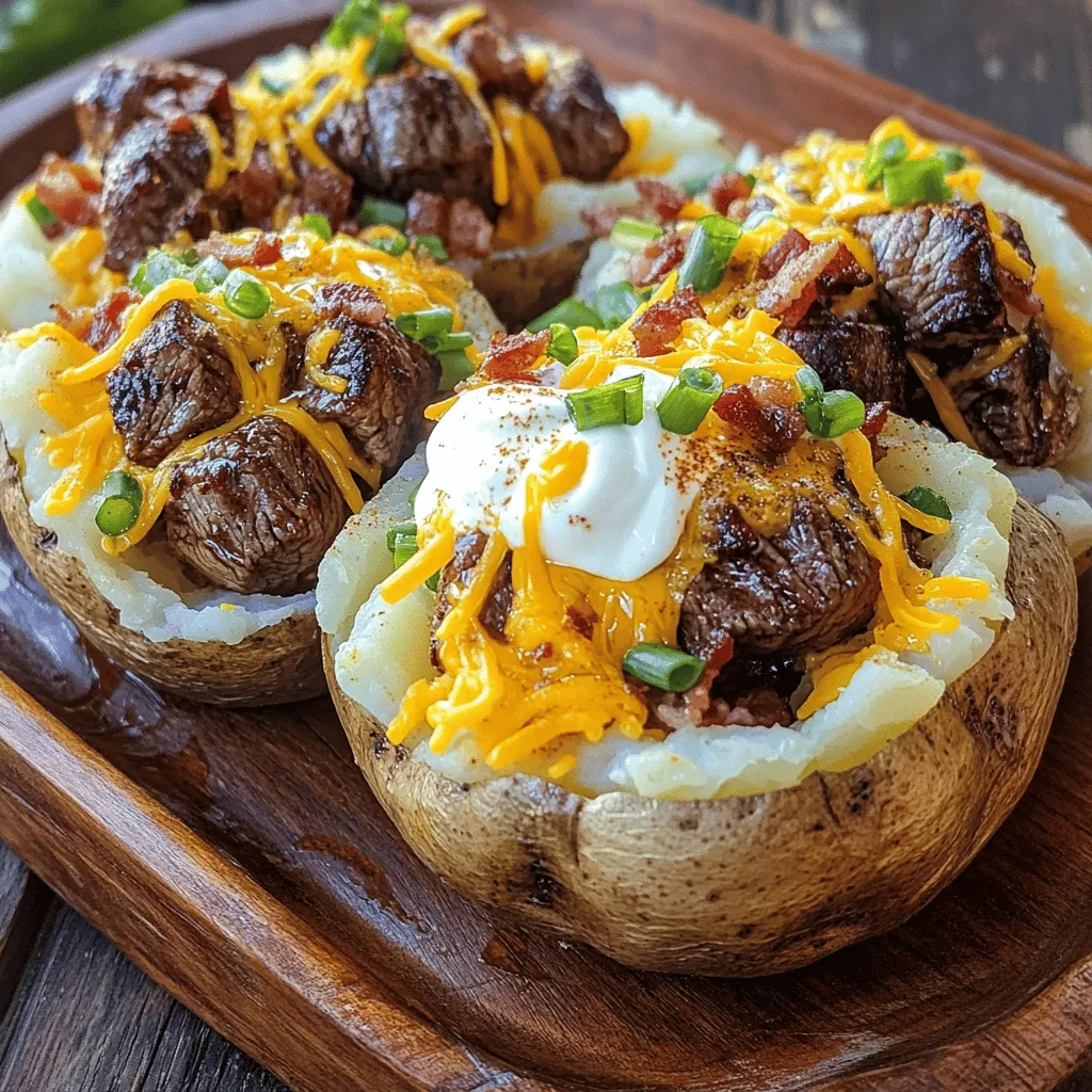 To make a loaded baked potato with juicy steak bites, you need fresh, simple ingredients. First, choose four large russet potatoes. They have thick skin and fluffy insides. This makes them perfect for baking.