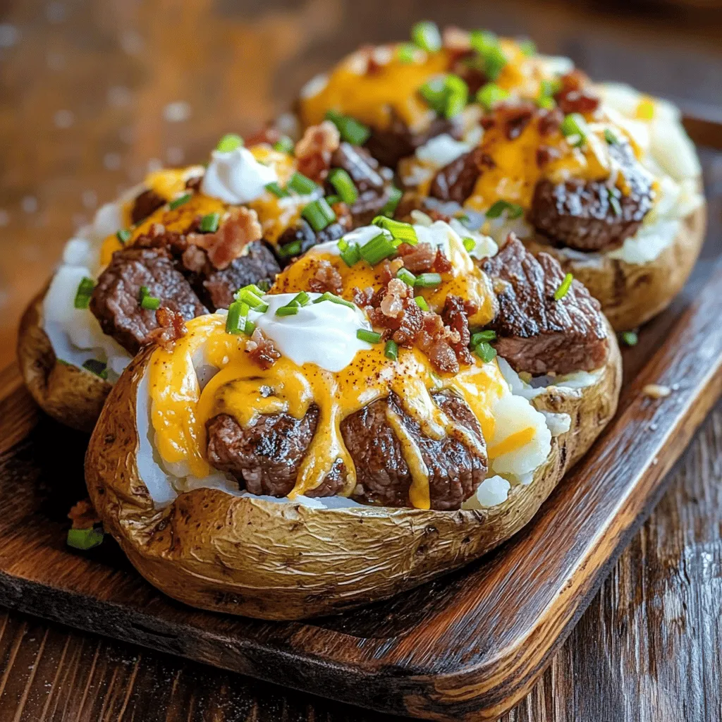 To make a loaded baked potato with juicy steak bites, you need fresh, simple ingredients. First, choose four large russet potatoes. They have thick skin and fluffy insides. This makes them perfect for baking.