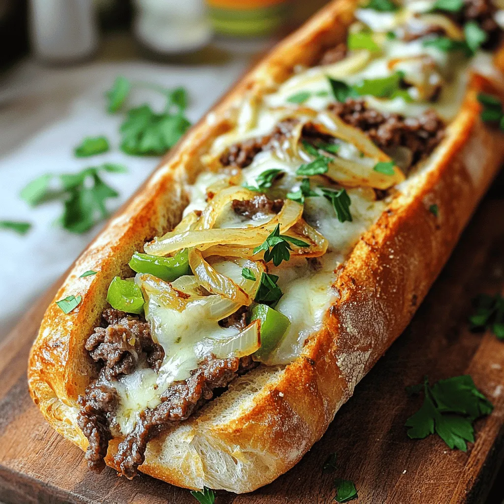 The garlic cheesesteak recipe shines with a mix of fresh and tasty ingredients. First, you need a large baguette or Italian bread. This will be the base for your sandwich. It holds all the flavors and fillings well.