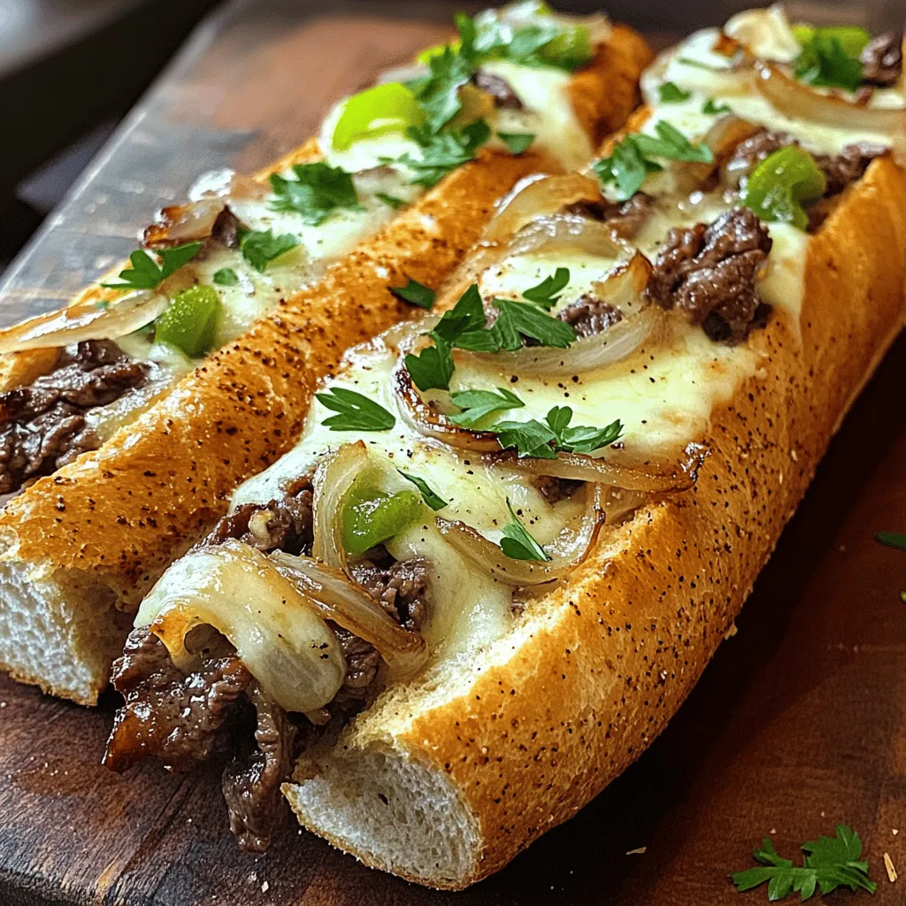 The garlic cheesesteak recipe shines with a mix of fresh and tasty ingredients. First, you need a large baguette or Italian bread. This will be the base for your sandwich. It holds all the flavors and fillings well.