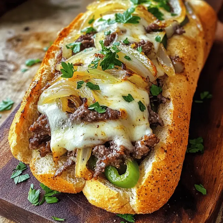 The garlic cheesesteak recipe shines with a mix of fresh and tasty ingredients. First, you need a large baguette or Italian bread. This will be the base for your sandwich. It holds all the flavors and fillings well.