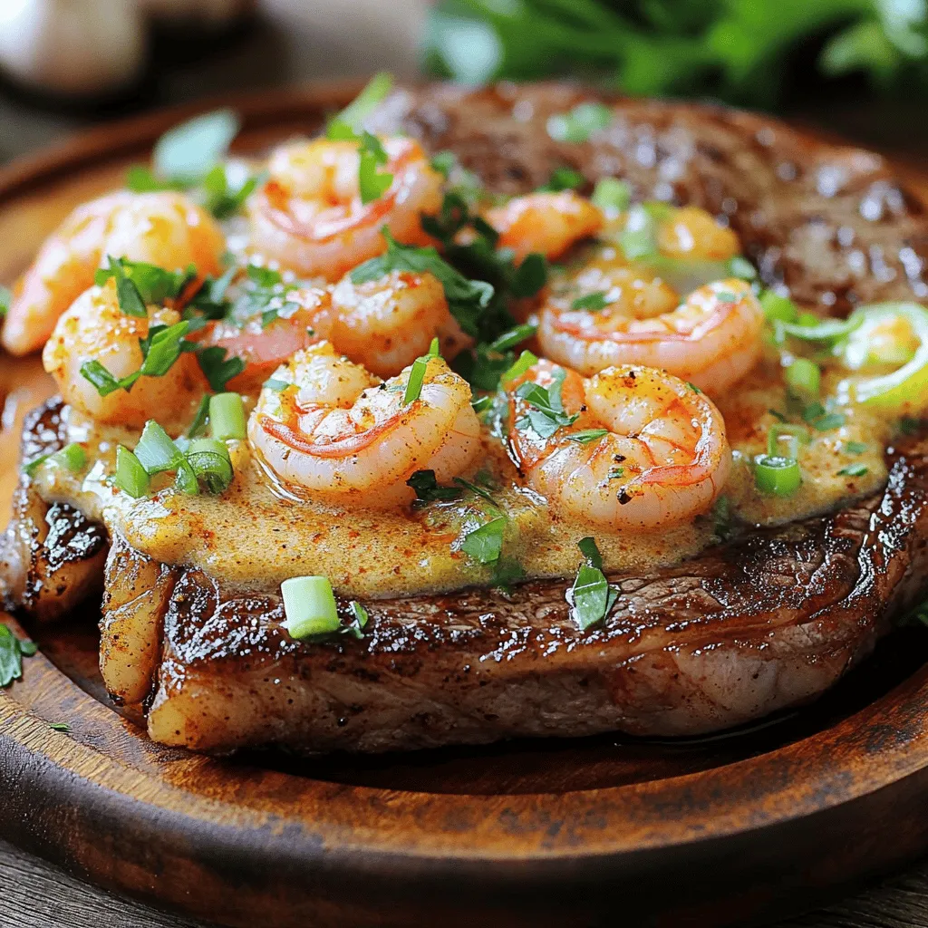 To make steak with creamy Cajun shrimp sauce, gather the right ingredients. You need two ribeye steaks, about one inch thick. Season them with salt and black pepper. These seasonings bring out the rich flavors of the steak.