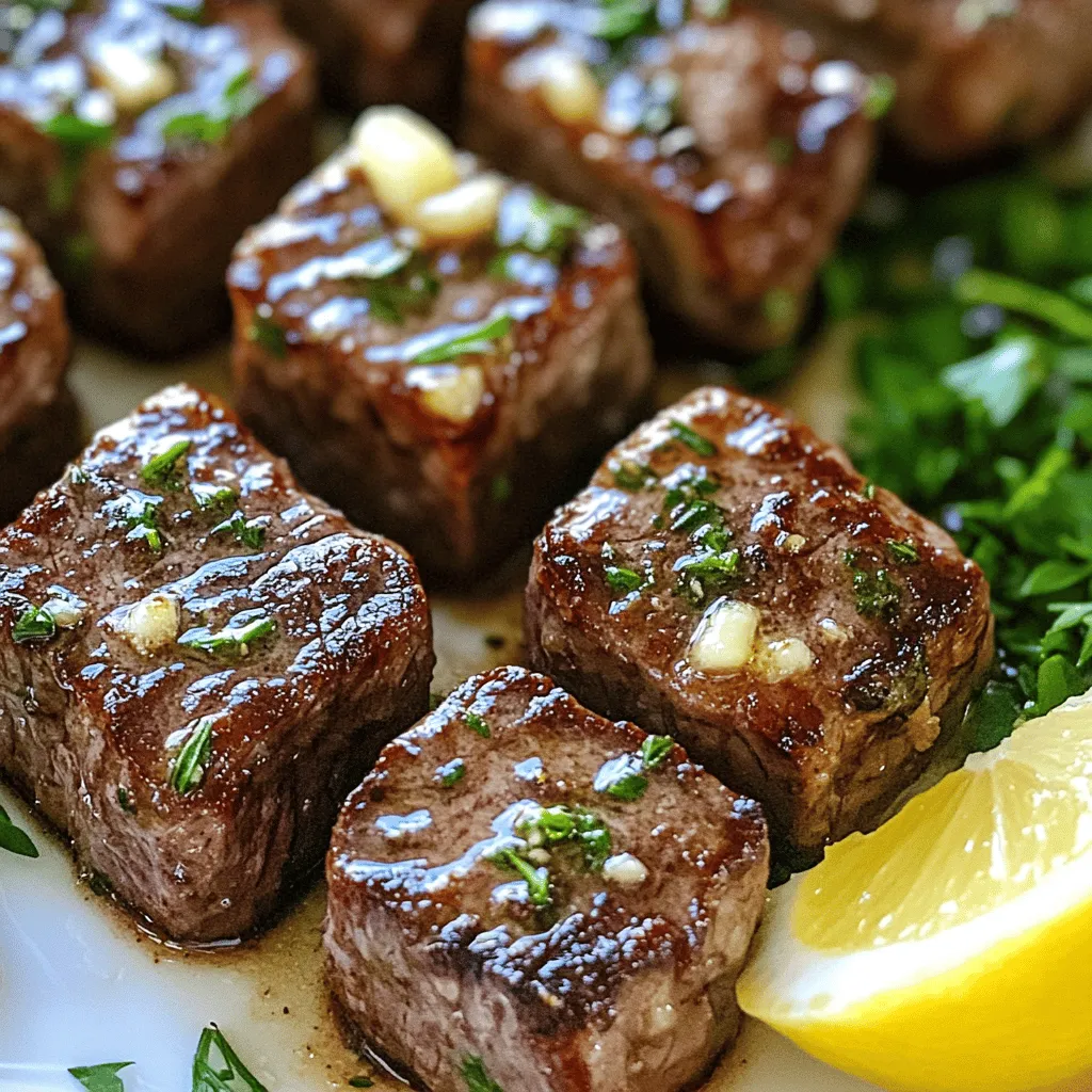 To make garlic butter steak bites, you need a few key ingredients. First, choose 1 pound of sirloin steak. Sirloin gives you tender steak bites with great flavor. Cut the steak into bite-sized cubes for easy cooking.