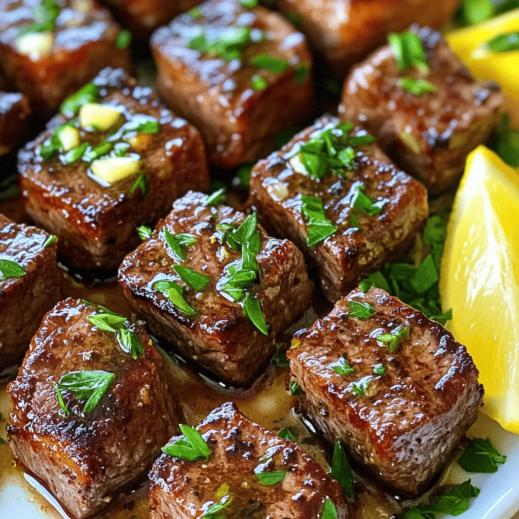 To make garlic butter steak bites, you need a few key ingredients. First, choose 1 pound of sirloin steak. Sirloin gives you tender steak bites with great flavor. Cut the steak into bite-sized cubes for easy cooking.
