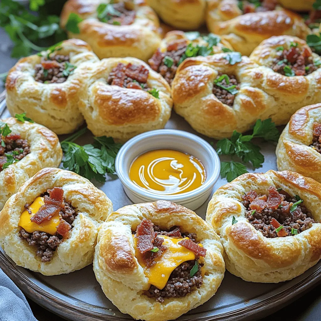 Beefy bacon cheeseburger bombs are tasty, bite-sized snacks. They combine ground beef, crispy bacon, and gooey cheese. Each bomb is wrapped in soft biscuit dough. You bake them until golden brown. These treats are perfect for parties or game day.