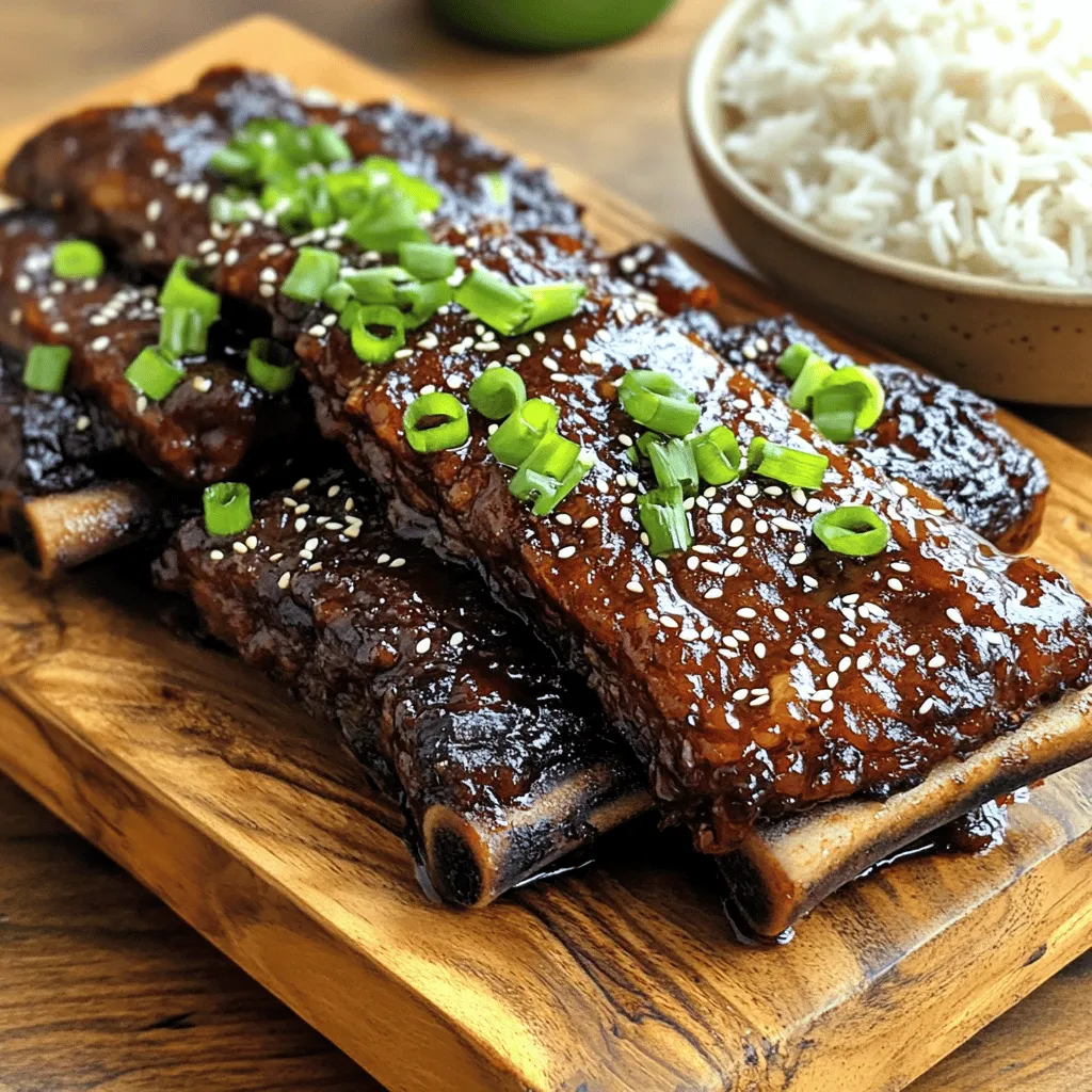 The key ingredients for this caramelized beef short rib recipe include beef short ribs and a mix of flavorful Asian spices. You will need 2 lbs of beef short ribs as the main star. Other vital ingredients include low-sodium soy sauce, brown sugar, rice vinegar, and hoisin sauce. These create a rich, tangy, and sweet marinade that enhances the beef’s flavor.