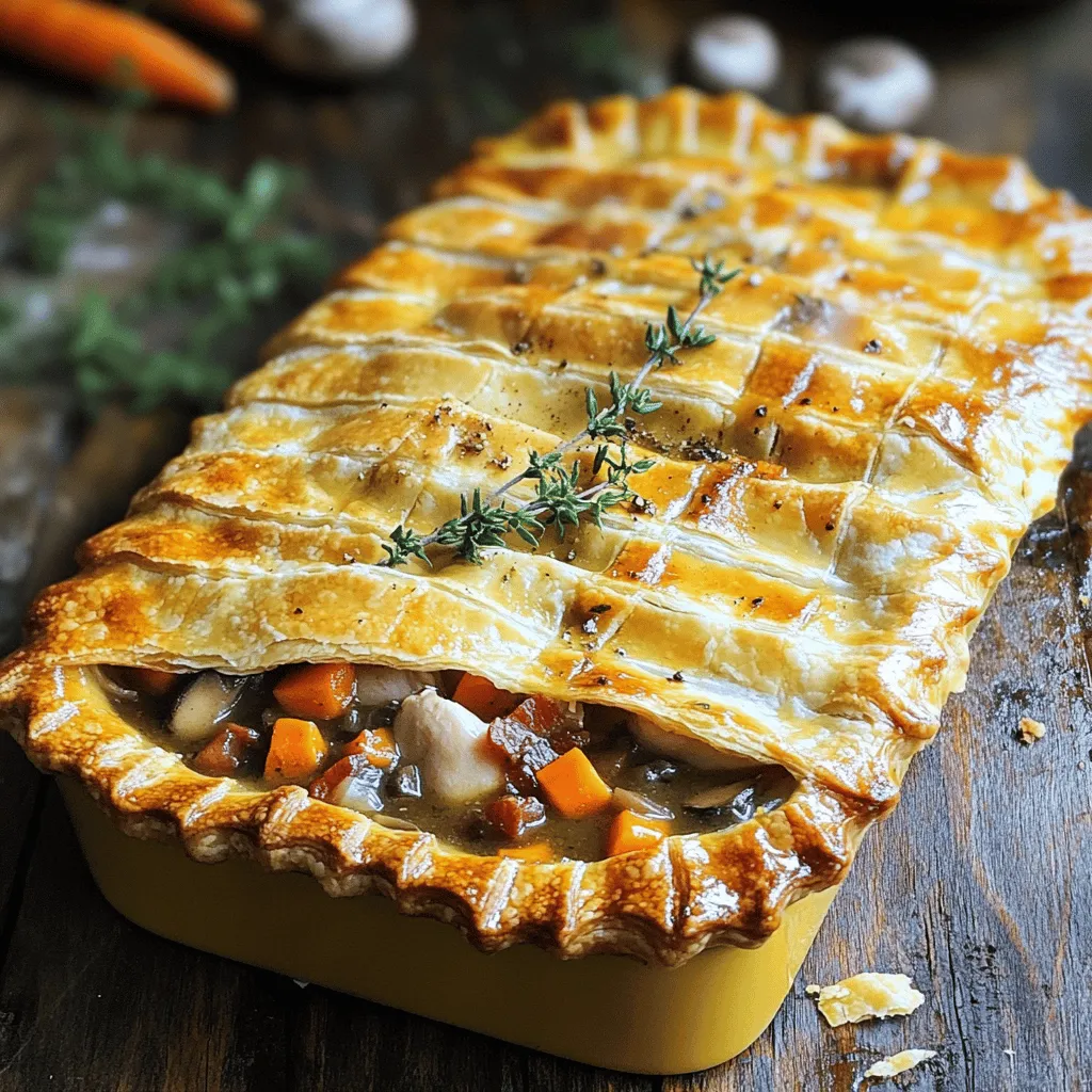 The main ingredients for Coq au Vin Pot Pie create a rich, savory taste. You will need chicken thighs, bacon, onions, carrots, garlic, and mushrooms. Chicken thighs give the pie depth. Bacon adds a nice crunch and flavor. Onions and carrots provide sweetness. Garlic enhances the dish with its zest. Mushrooms add umami and texture.