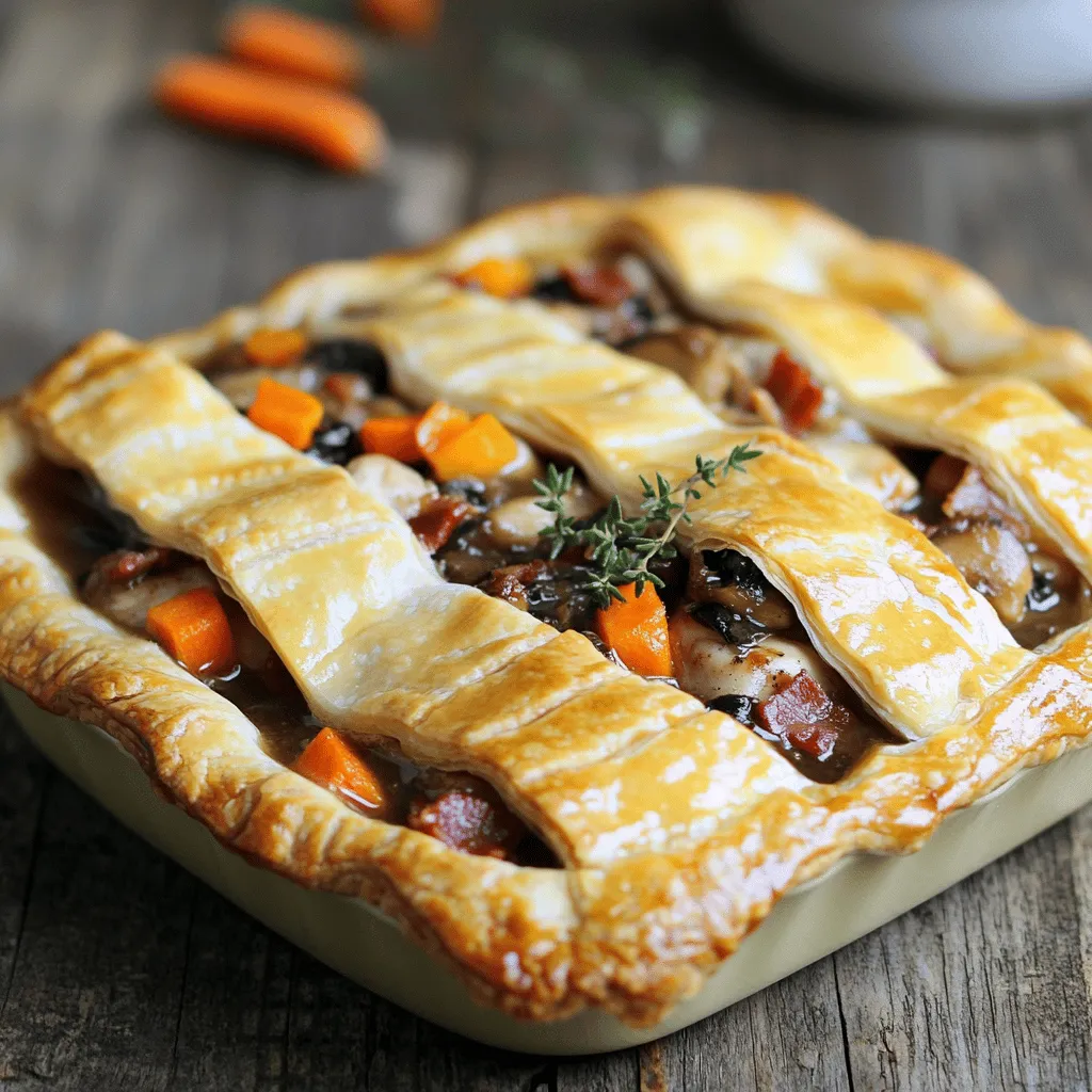 The main ingredients for Coq au Vin Pot Pie create a rich, savory taste. You will need chicken thighs, bacon, onions, carrots, garlic, and mushrooms. Chicken thighs give the pie depth. Bacon adds a nice crunch and flavor. Onions and carrots provide sweetness. Garlic enhances the dish with its zest. Mushrooms add umami and texture.