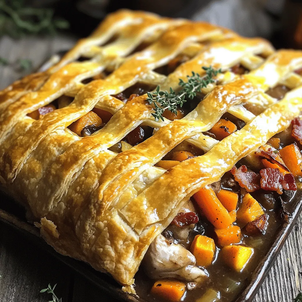 The main ingredients for Coq au Vin Pot Pie create a rich, savory taste. You will need chicken thighs, bacon, onions, carrots, garlic, and mushrooms. Chicken thighs give the pie depth. Bacon adds a nice crunch and flavor. Onions and carrots provide sweetness. Garlic enhances the dish with its zest. Mushrooms add umami and texture.
