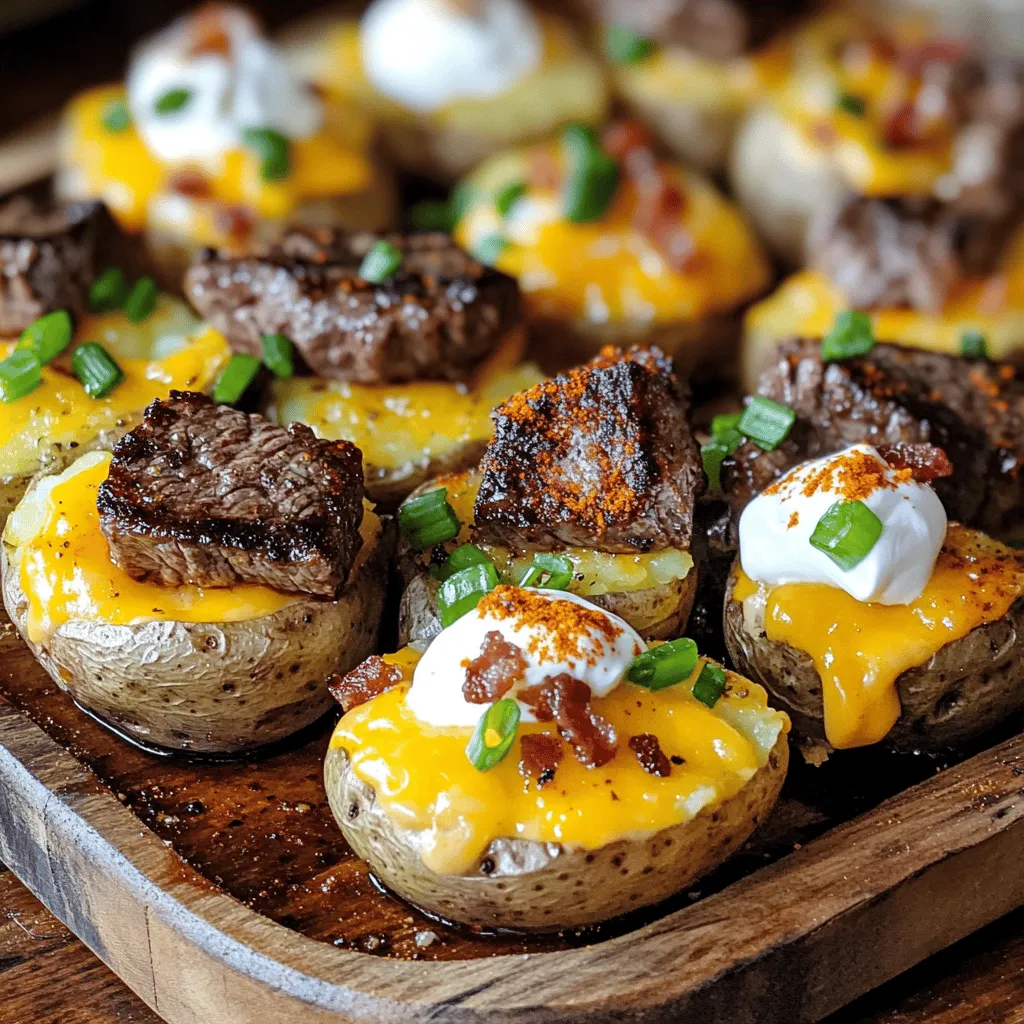 A loaded baked potato with steak bites has simple yet tasty ingredients. The star of the show is the potato. I recommend using large russet potatoes. They have a fluffy texture and a great skin that crisps up nicely.