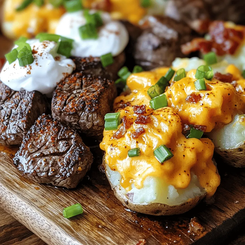 A loaded baked potato with steak bites has simple yet tasty ingredients. The star of the show is the potato. I recommend using large russet potatoes. They have a fluffy texture and a great skin that crisps up nicely.