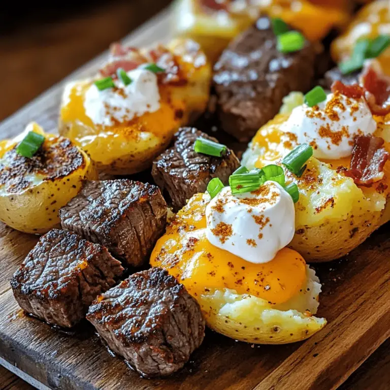 A loaded baked potato with steak bites has simple yet tasty ingredients. The star of the show is the potato. I recommend using large russet potatoes. They have a fluffy texture and a great skin that crisps up nicely.