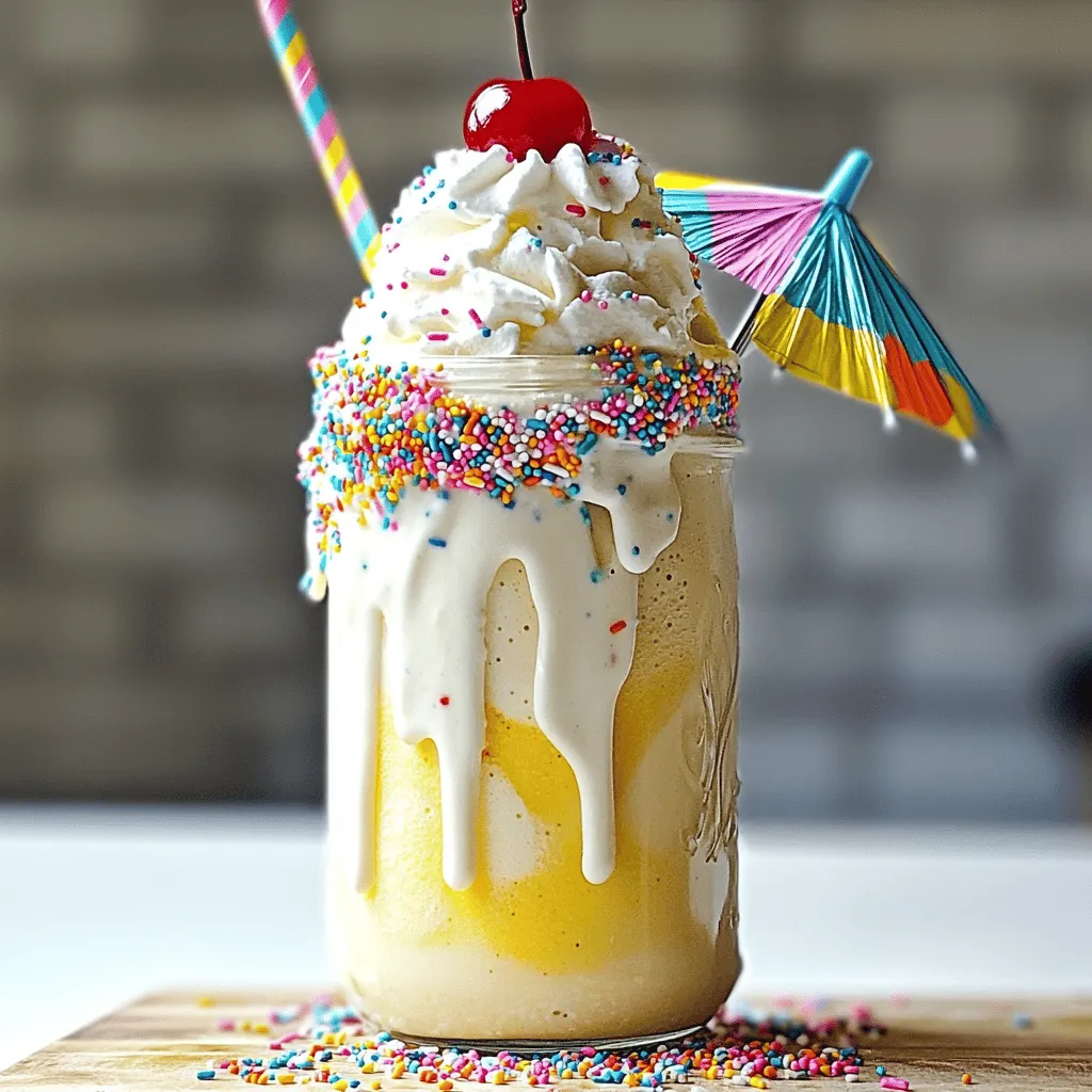 For a tasty cake batter milkshake, you need a few key ingredients. First, use 1 cup of vanilla ice cream. This makes the shake creamy and sweet. Next, add 1/2 cup of milk. You can use whole milk or almond milk, depending on your taste. Then, include 1/4 cup of yellow cake mix. This is the secret to that cake flavor. You’ll also want a teaspoon of vanilla extract. This adds a nice depth to the shake. Finally, don’t forget 2 tablespoons of rainbow sprinkles for fun!